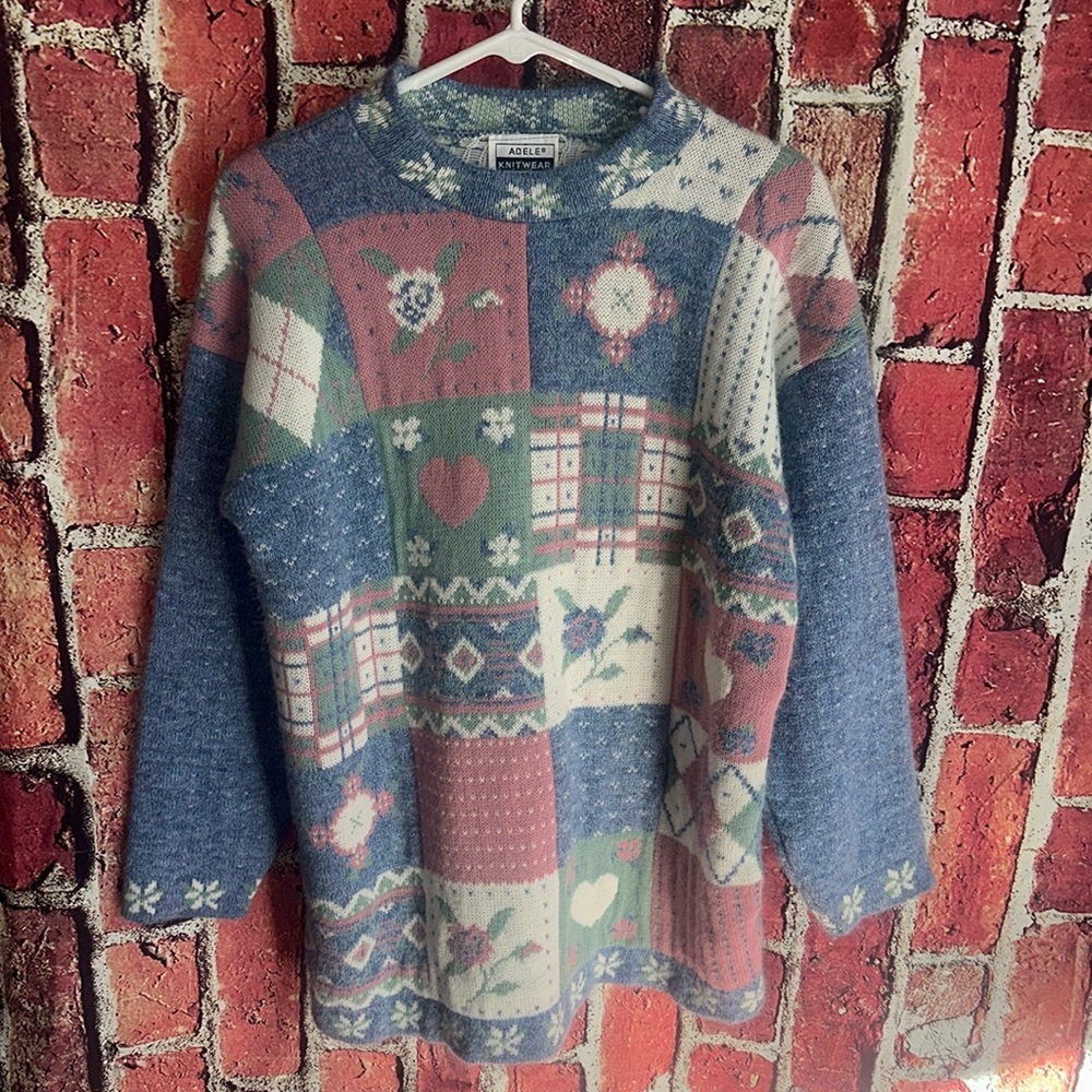 Vintage 90s Adele Knitwear Sweater Large Patchwork Hearts Holiday Floral Flower